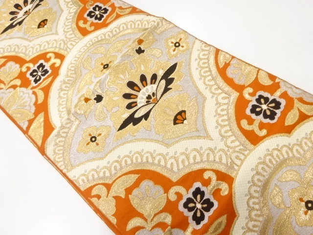 アンティーク　花更紗模様織出し袋帯（着用可）